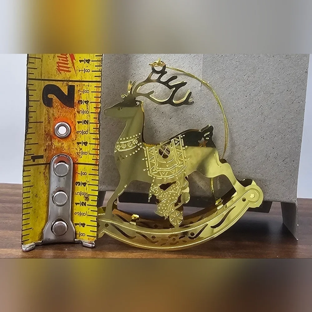Vintage 3D Solid Brass Filigree Die Cut Gold Rocking Horse Ornament Shelf Sitter